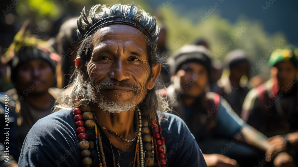 Peruvian in national clothes against the background of Machu Picchu in Peru, ancient architecture, South American Indian, dark elderly man in a hat and woolen poncho, tourism, travel