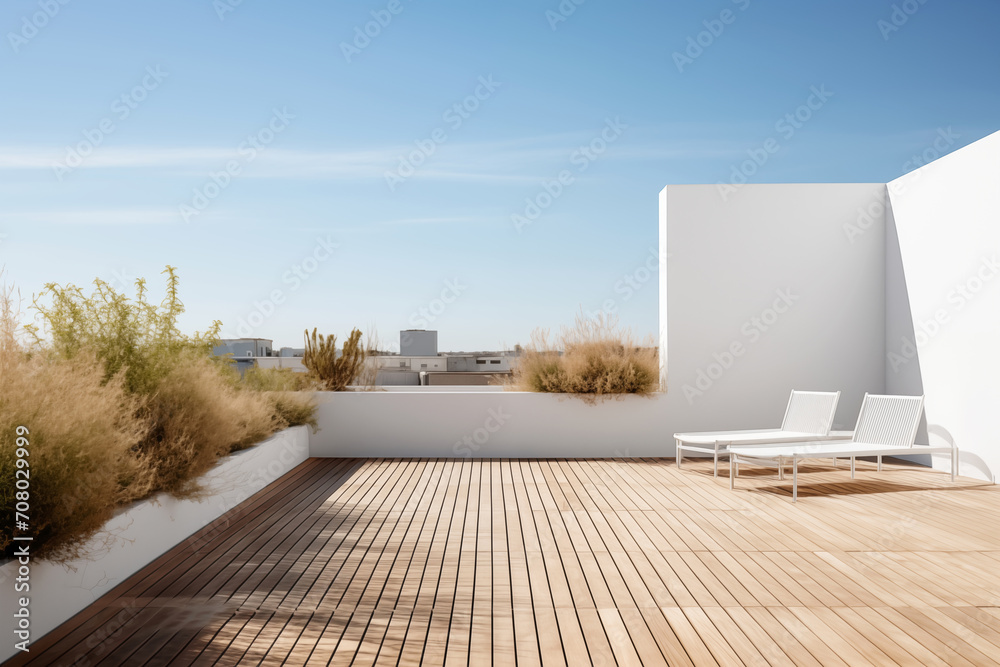 Empty outdoor roof terrace with potted plants in minimal style - obrazy, fototapety, plakaty 