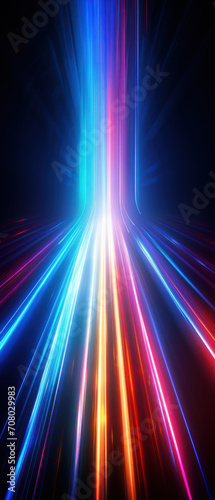 Futuristic neon tunnel with glowing blue and pink lights, creating a sense of high-speed motion and energy.