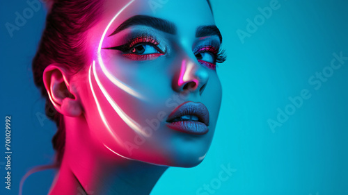 A closeup of a woman's face is illuminated by neon light. fashion photography