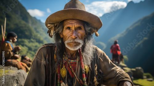 Peruvian in national clothes against the background of Machu Picchu in Peru, ancient architecture, South American Indian, dark elderly man in a hat and woolen poncho, tourism, travel