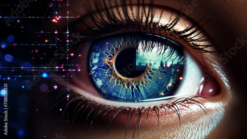 cyber security concept with woman eye and abstract background.