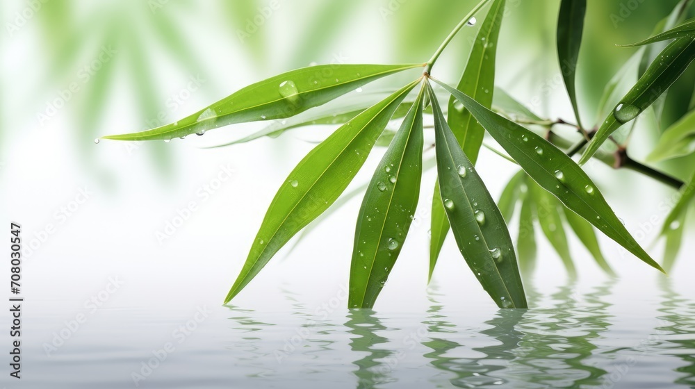 Fototapeta premium calming allure of bamboo leaves with water drops on a white background.