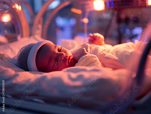 Sleeping newborn receives phototherapy in NICU, showcasing delicate medical care photo