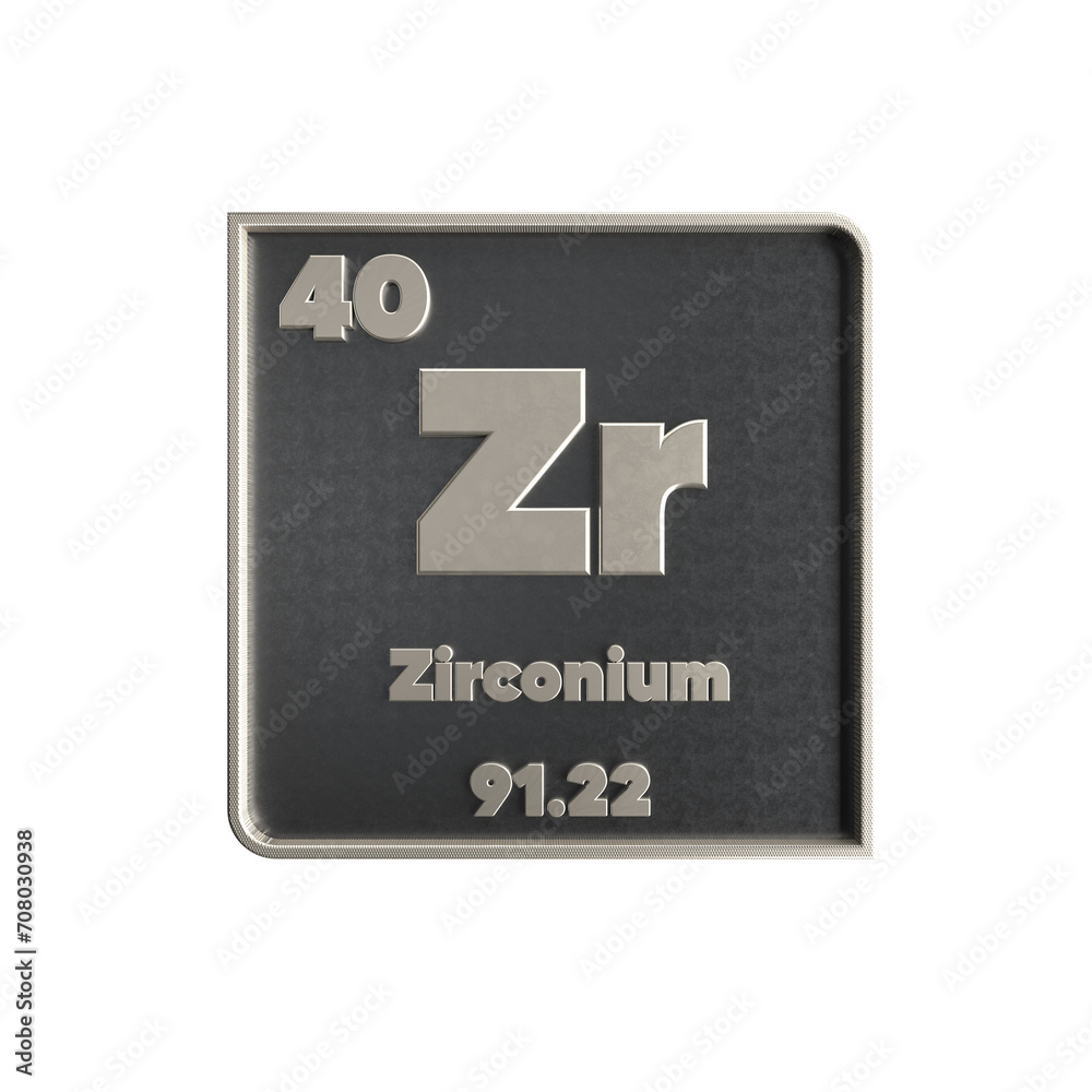 Zirconium chemical element black and metal icon with atomic mass and atomic number. 3d render illustration. Zirconium chemical element black and metal icon with atomic mass and atomic number. 3d render illustration.