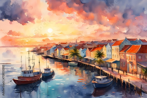 Watercolor painting of Willemstad, Curacao at sunset photo