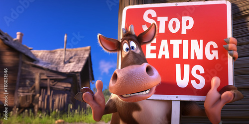 Traurige Kuh Cartoons mit Hinweisschild bitte nicht essen, ai generativ