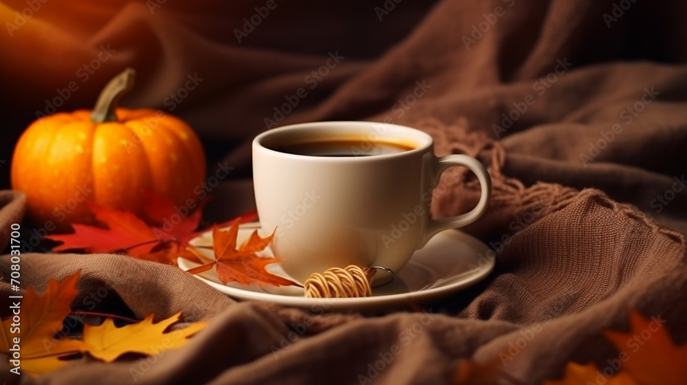 cup of coffee with autumn leaves and pumpkin on a wooden background