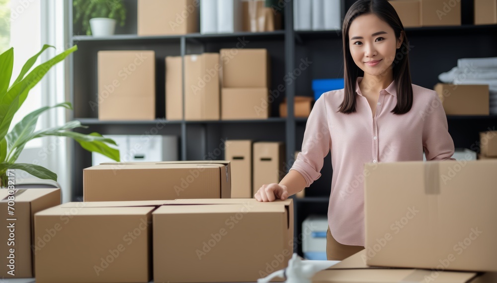 Portrait of confident young Asian woman retail seller, entrepreneur, online store, small business owner. young happy female online seller looking at camera. Portrait of confident young Asian woman retail seller, entrepreneur, online store, small business owner. young happy female online seller looking at camera.