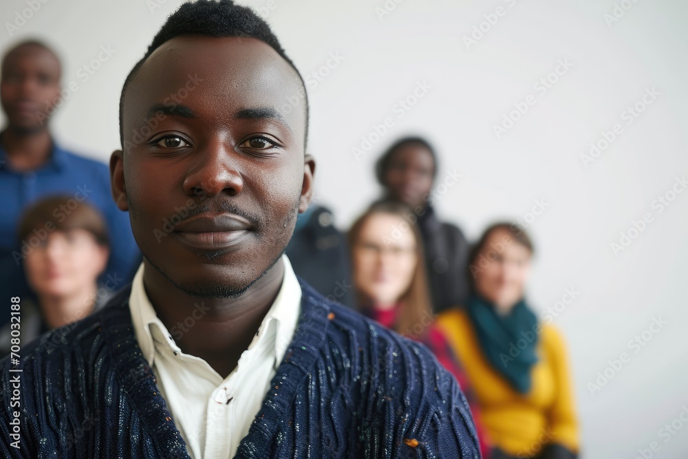 Inspirational studio portrait of a young African man as a community leader, with a group of diverse people in the background Inspirational studio portrait of a young African man as a community leader, with a group of diverse people in the background