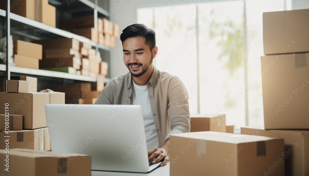 Small business entrepreneur home office. Young Asian male online seller using laptop checking customer order online. Small business entrepreneur home office. Young Asian male online seller using laptop checking customer order online.