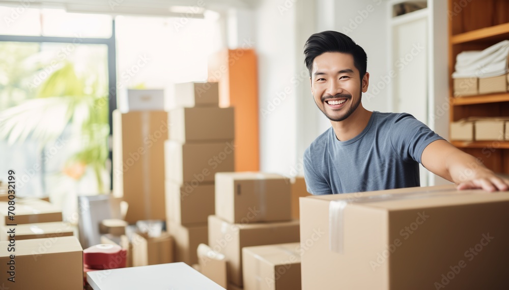 Portrait of confident young Asian man retail seller, entrepreneur, online store, small business owner. young happy male online seller looking at camera. Portrait of confident young Asian man retail seller, entrepreneur, online store, small business owner. young happy male online seller looking at camera.