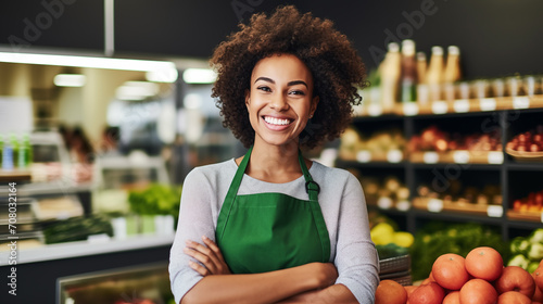 The image shows a joyful African-American woman with curly hair, wearing a green apron and standing in a grocery store. photo