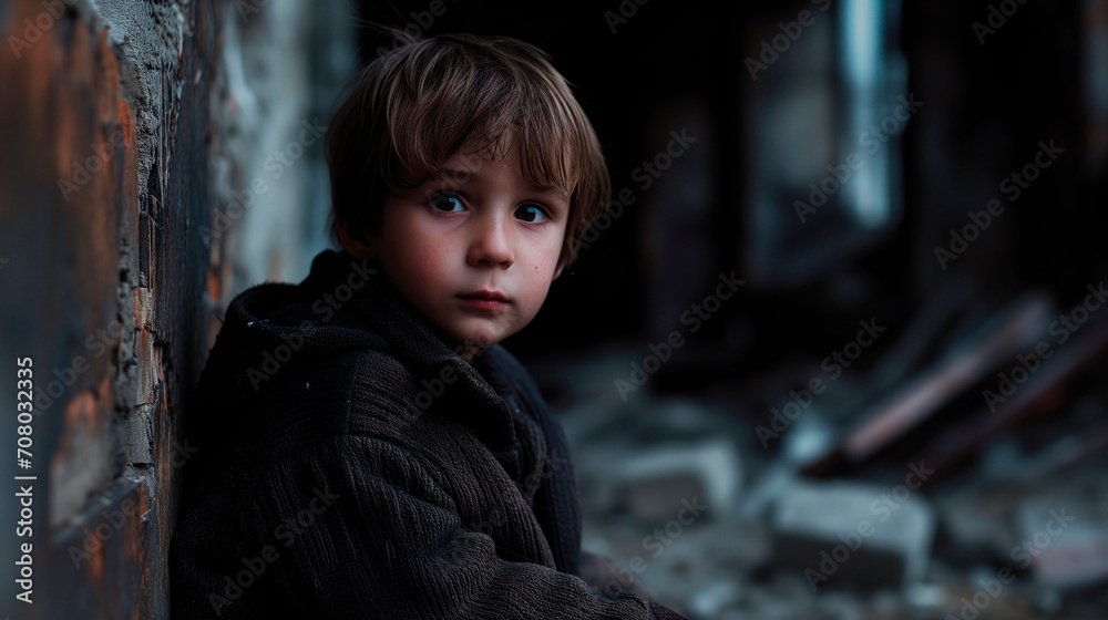 Sad boy around destroyed houses. Sad boy around destroyed houses.
