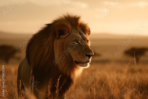 Large male lion king in African savannah