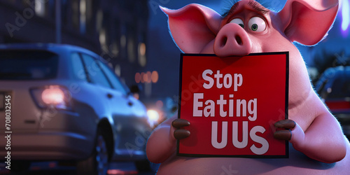 Witziges Schwein Cartoons mit Hinweisschild bitte nicht essen, ai generativ
 photo