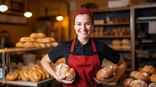 The image displays a cheerful young woman wearing a red apron in a bakery full of bread.