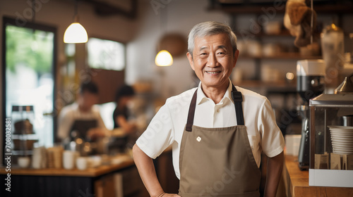 The image features an elderly Asian man smiling, wearing a brown apron in a coffee shop.