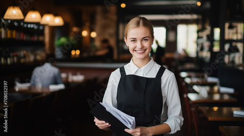 The image depicts a young Caucasian woman with a pleasant smile, dressed in a restaurant uniform with a black apron, holding a menu.