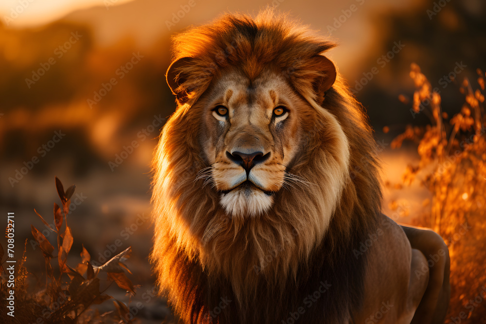 Portrait of large male lion king in African savannah