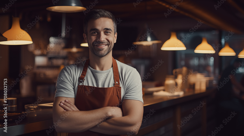 The image shows a smiling young man with arms crossed, wearing a brown apron in a cozy restaurant kitchen.