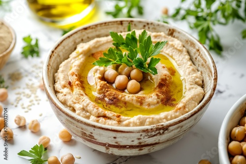 Traditional hummus from chickpea beans with oil in a bowl on white marble background photo