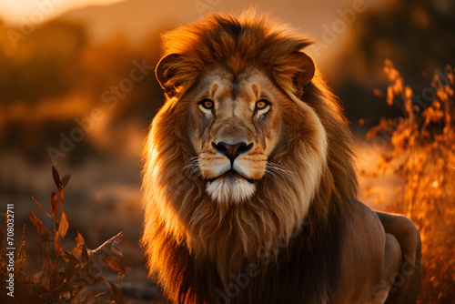 Portrait of large male lion king in African savannah