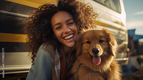 The image captures a joyful young woman with curly hair embracing a golden retriever dog.