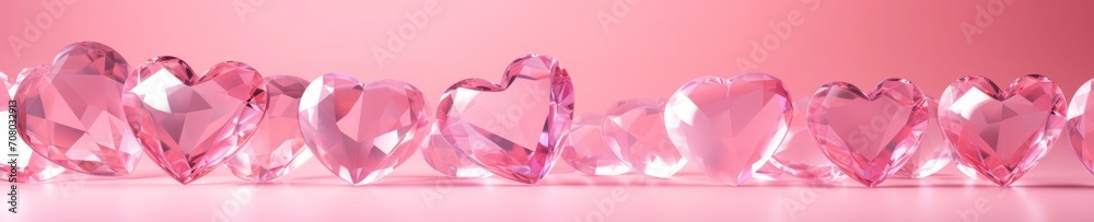 Banner of Crystal pink hearts on pink background, Concept Valentine's day, Closeup