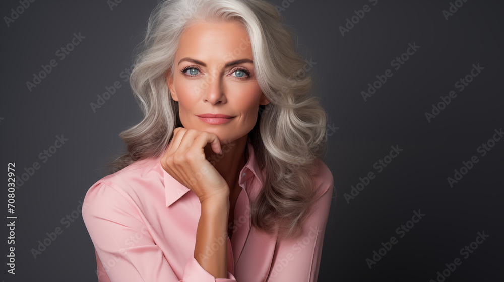 The image portrays a mature woman with silver hair and a confident, thoughtful expression, dressed in a soft pink blouse. The image portrays a mature woman with silver hair and a confident, thoughtful expression, dressed in a soft pink blouse.