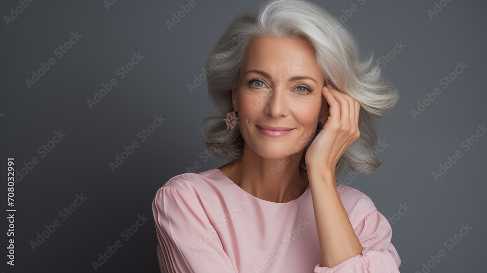The image portrays a mature woman with silver hair and a confident, thoughtful expression, dressed in a soft pink blouse. The image portrays a mature woman with silver hair and a confident, thoughtful expression, dressed in a soft pink blouse.