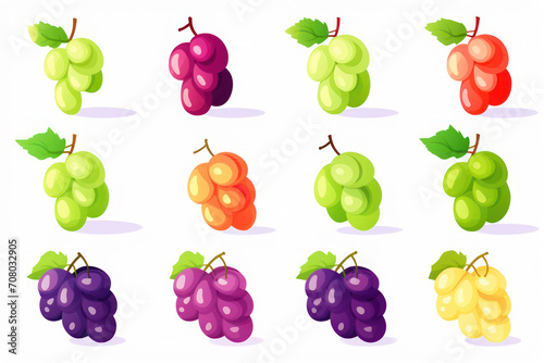 Garden Harvest: A Vibrant Set of Fresh, Ripe Fruits - Grape, Cherry, Strawberry, Apple, Lemon - Illustration Icon Collection on a Green Leafy Background