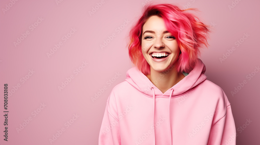 Fototapeta premium The image shows a beaming woman with vibrant pink hair and a pink hoodie, embodying joy and youthful exuberance.