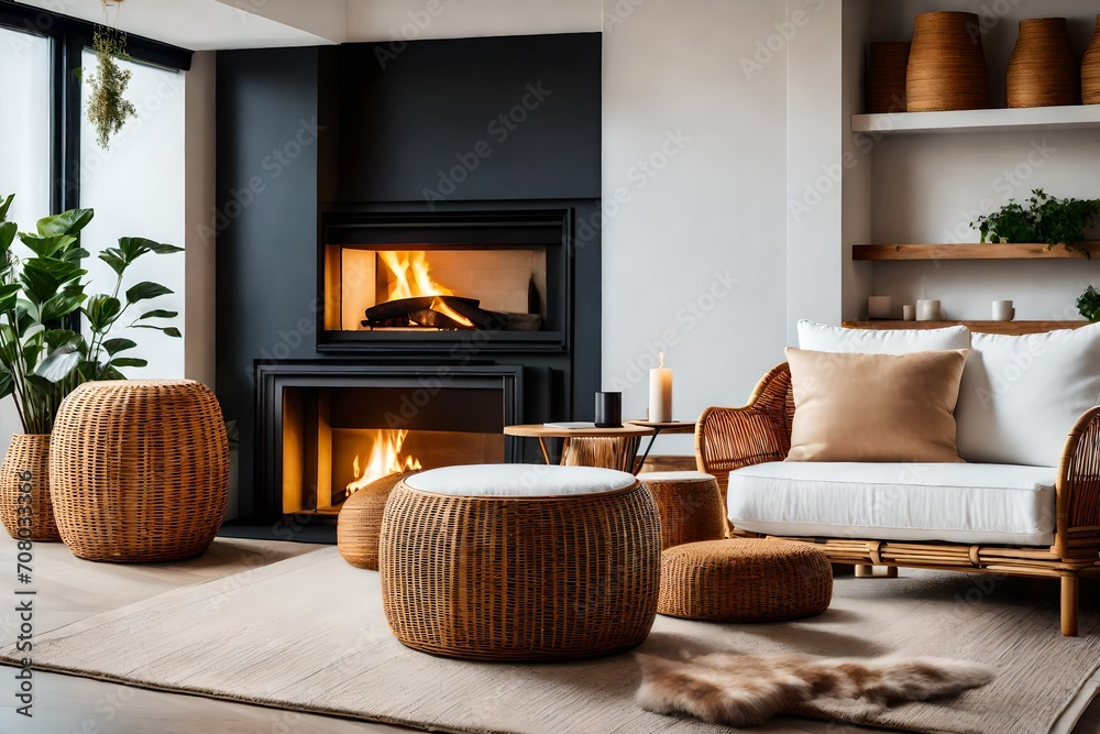 Fototapeta premium living room with fireplace , sofa and round tables.