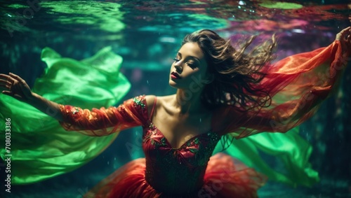 woman in red dress underwater in the aquarium, fashion