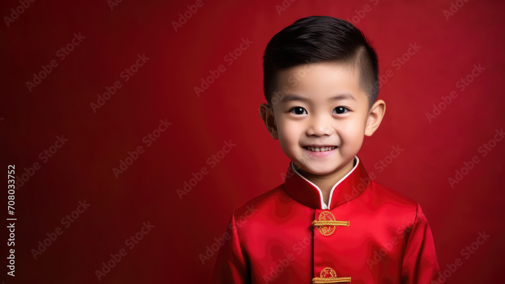 Happy Chinese New Year. Asian boy wearing a traditional cheongsam Isolated on red background. Happy Chinese New Year. Asian boy wearing a traditional cheongsam Isolated on red background.