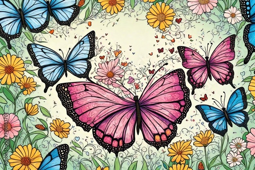 Vibrant Valentine   s Day Illustration Featuring Colorful Butterflies and Blooming Flowers