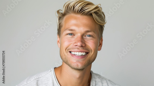 a closeup photo portrait of a handsome blonde scandinavian man smiling with clean teeth. for a dental ad. guy with fresh stylish hair with strong jawline. isolated on white background. photo