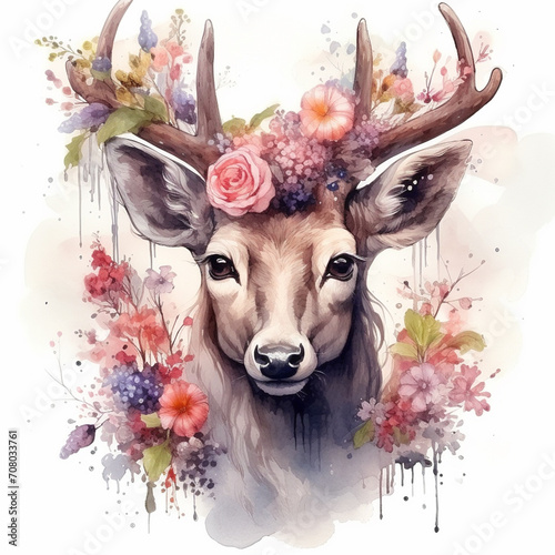 Photorealistic Watercolor deer with flowers 
