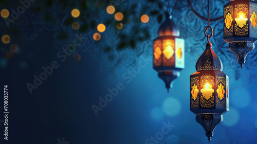 Ramadan Kareem celebration background illustration with Mosque, arabic lanterns and moon.