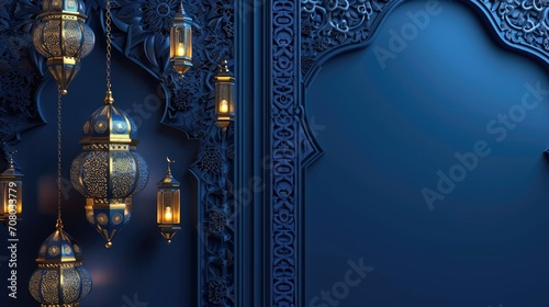 Ramadan Kareem celebration background illustration with Mosque, arabic lanterns and moon.