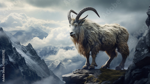 A mountain goat with long horns standing © asmara