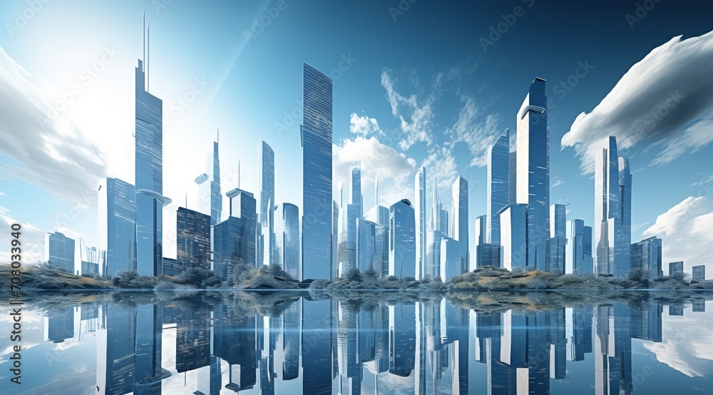 futuristic city with skyscrapers reflecting in water