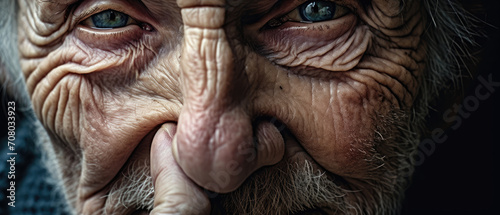 Profound close-up portrait of an elderly man, his weathered features and blue eyes telling a story of resilience and strength. © Lidok_L