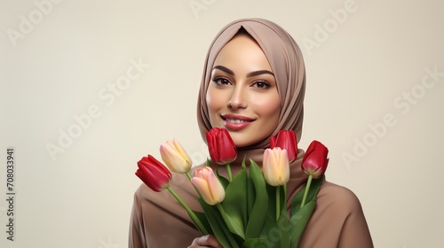 celebration of diversity and empowerment with an image of a Muslim woman holding tulips and a gift box on a light background, celebrating International Women's Day.