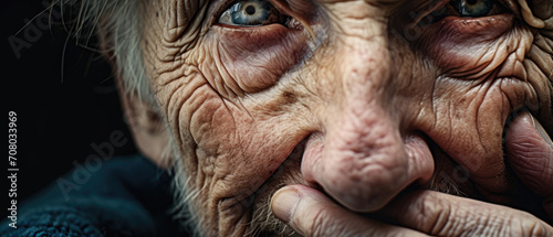 Profound close-up portrait of an elderly man, his weathered features and blue eyes telling a story of resilience and strength.