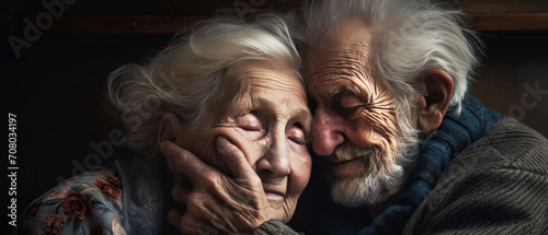 Charming image of elderly grandparents hugging and enjoying each other's company.