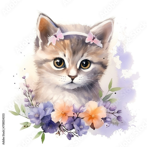 Watercolor cute baby cat with flowers 