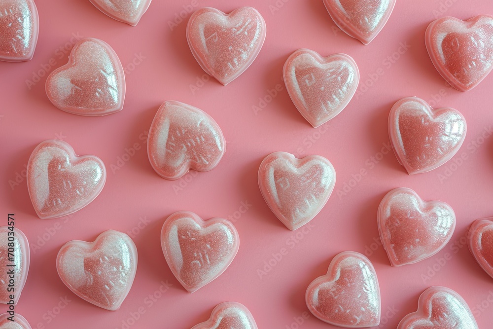 Obraz premium Heart shaped shiny hard sugar candy pattern on a pastel pink background for Valentines Day