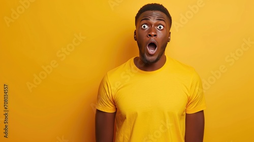 emotion of surprise with an image of a young African American man in a yellow casual t-shirt, spreading his hands, keeping his mouth open, and eyes wide on a yellow background.